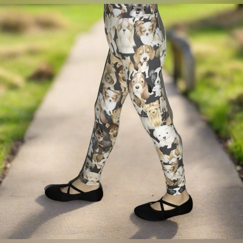 Sizes 3t-5t NEW Girls Multi Breed Dog Leggings YOGA WAIST Soft Pants Tan/Black